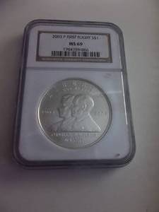 2001 First Flight Orville & Wilbur Wright Comemmorative Silver Dollar In NGC Graded Holder MS69