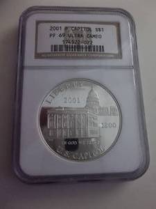 2001 Capitol Visitor Center Comemmorative Silver One Dollar Proof Coin In Graded NGC Holder PF 69 Ultra Cameo
