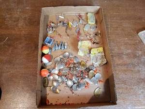 lot 34 image: Box of Fishing Spinner Parts and Flies