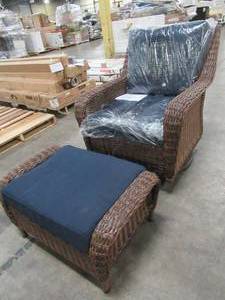 lot 403 image: Hampton Bay Cambridge Brown Wicker Swivel Outdoor Rocking Chair With Ottoman - Bracket on chair broke off at screw.