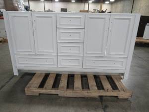 lot 409 image: Glacier Bay Candlesby 60 in. W x 19 in. D Bathroom Vanity in White - Missing Vanity Top.