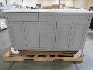 lot 420 image: Home Decorators Collection Brinkhill 60 in. W x 34 in. H x 22 in. D Bath Vanity in Sterling Gray With Top and Backsplash, BH60-ST - CRACKED RH SIDE BOTTOM.