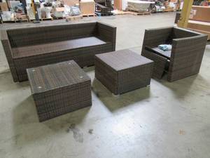 lot 421 image: Wicker Sofa, Chair, Ottoman and Table With Glass Top.