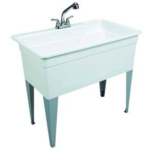 lot 848 image: BigTub Utilatub Combo 40 in. x 24 in. Polypropylene Single Floor Mount with Pull-Out Faucet, P-Trap and Supply Lines in White - Missing Legs