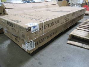 lot 407 image: Hampton Bay 10 ft. x 12 ft Longford Wood Outdoor Patio Pergola with Sling Canopy, A106003600. Two Boxes