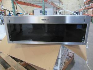 lot 849 image: Whirlpool 1.1 cu. ft. Over the Range Low Profile Microwave Hood Combination in Fingerprint Resistant Stainless Steel, WML75011HZ - Missing Plate, Dent Upper LH Side.
