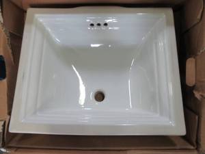 lot 850 image: Kohler Memoirs Vitreous China Undermount Bathroom Sink in White with Overflow Drain, K-2339-0