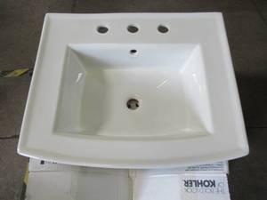 lot 860 image: Kohler Archer 20-716 in. Vitreous China Pedestal Sink Basin in White with Overflow Drain K-2358-8-0