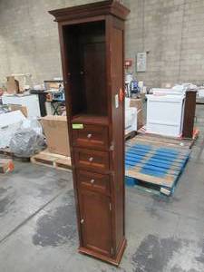 lot 317 image: Home Decorators Collection Hampton Harbor 15 in. W x 10 in. D x 67-12 in. H Linen Cabinet in Sequoia - Missing Adjustable shelf, Scratched