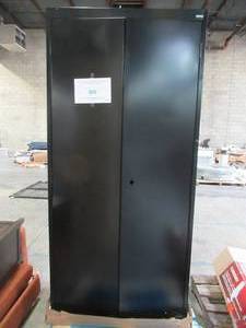 lot 438 image: Sandusky Classic Series 36 in. W x 78 in. H x 24 in. D Storage Cabinet with Adjustable Shelves in Black - Dented Lower Bottom, Doors Close