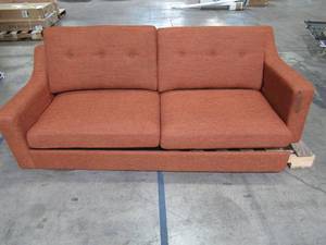 lot 440 image: 2-Seat Muted Orange Button Fabric Loveseat - Partly disassembled Broken, Needs Work.