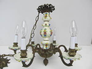 Vintage 6-Light Cast Brass &amp Capodimonte Chandelier Light Fixture Lamp