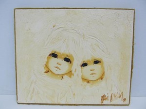 Vintage 1970s Signed Big Eyes Style Oil on Canvas Painting