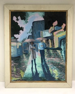 Excellent Vintage Oil on Board Impressionist Painting - Couple Walking in Rain