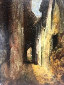 Framed Antique Oil on Canvas Impressionist Alleyway Street Scene Painting
