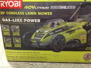 Ryobi 20 in. 40-Volt Brushless Lithium-Ion Cordless Battery Walk Behind Push Lawn Mower Battery and Charger Included not used