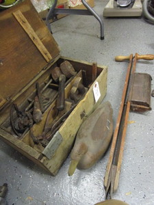 lot 784 image: WOODEN BOX WITH OLD WOODWORKING TOOLS AND PLASTIC DECOY