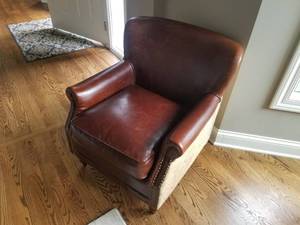 lot 5 image: Tacked Leather Chair with French Text Upholstery