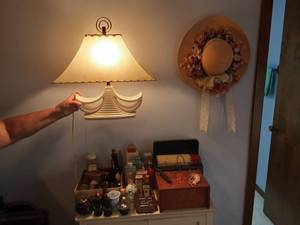 lot 92 image: Lamp, Hat Decor, Vintage Perfume Bottles, Atomizer, More
