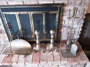 lot 146 image: Andirons, Log Holder, Fireplace Tools