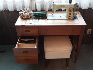 lot 174 image: Sewing Machine, Cabinet, Bench & Notions