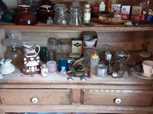 lot 177 image: Collectibles Brass Canon, Tins, Hobnail Lamp (Bottom Shelf)