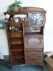 lot 198 image: Antique Carved Wood Secretary Writing  Desk With 4-Drawers, Mirror Back, Glass Door (From 1910)