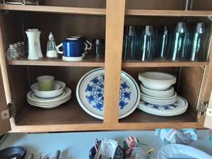 lot 230 image: Mikasa Dishes, Blue Glass Tumblers, Salt & Peppers