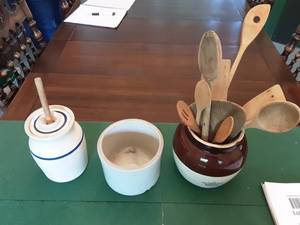 lot 255 image: Crown Crock Jug With Wooden Utensils, Crock Churn, 1-Small Crock