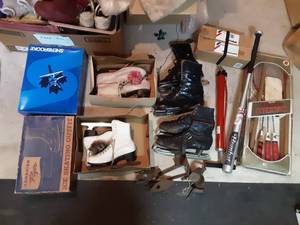lot 347 image: Bike Pump. Ice Skates, Bat, Badminton Set