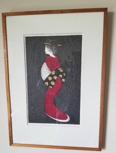 lot 50 image: Kiyoshi Sait Japanese Woodblock Print - Geisha in Red, Signed