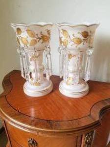 lot 44 image: Victorian Pink Satin Glass Luster Candlesticks