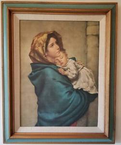 lot 79 image: Framed Print on Silk Roberto Ferruzzi Madonna and Child