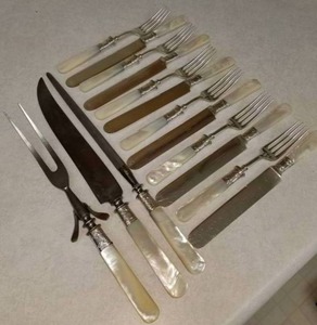 lot 10 image: Mother of Pearl Sterling Band Flatware Service for 6