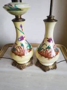 lot 61 image: Handpainted Natural Insect Scene Lamps, Pair