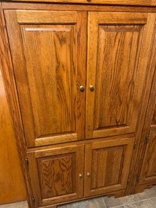 lot 35 image: Large Wood Storage Cabinet with Drop Down Desk and File Cabinet- Very Nice
