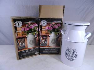 lot 13 image: 2 New Milkhouse 16 Inch Farm Fresh Milk Planter and Plant Stands