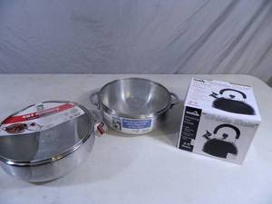 lot 192 image: 2 New Aluminum Caldero Pans with Glass Lids and New Tea Kettle