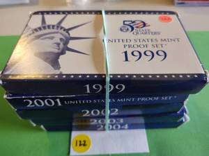 lot 122 image: 1999, 2001, 2002, 2003, and 2004 US Mint Proof Sets