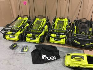 Pallet with Assorted Ryobi Mowers various models and conditions customer returns