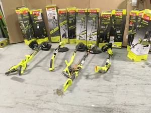 Pallet with assorted Ryobi outdoor tools various models and conditions customer returns