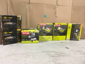Pallet with assorted Tools customer returns Includes Ryobi and QEP tile saws And 1 Ryobi Miter Saw
