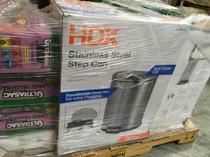 Pallet of Cleaning items Includes Garbage Cans and new cases of Garbage bags and more