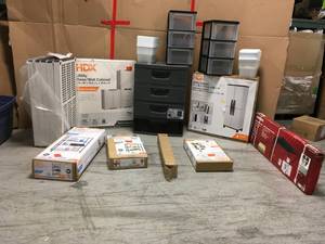 Pallet with assorted Cabinets, Shelves and more customer Returns
