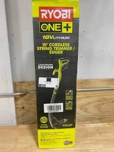 lot 38 image: RYOBI ONE 18-Volt Lithium-Ion Electric Cordless String Trimmer and Edger - 1.3 Ah Battery and Charger Included