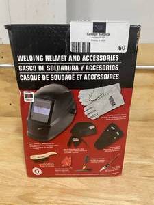 lot 60 image: LINCOLN ELECTRIC Auto-Darkening Welding Helmet Starter Kit with No. 11 Lens, Gloves, Wire Brush, Magnet, Chipping Hammer and Marker