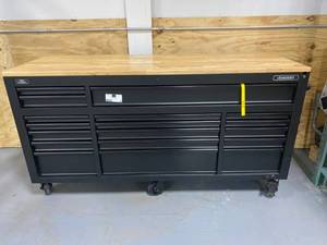 lot 83 image: HUSKY  Heavy-Duty 72 in. W 18-Drawer, Deep Tool Chest Mobile Workbench in Matte Black with Adjustable-Height Hardwood Top