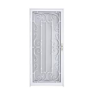 lot 629 image: Grisham Palermo 36 in. x 80 in. White Full View Wrought Iron Security Storm Door with Reversible Hinging - Dented, Missing Hardware.