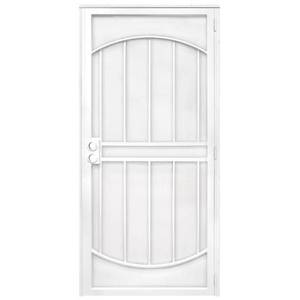 lot 634 image: Unique Home Designs 32 in. x 80 in. Arcada White Surface Mount Outswing Steel Security Door with Expanded Metal Screen, IDR06400322070.