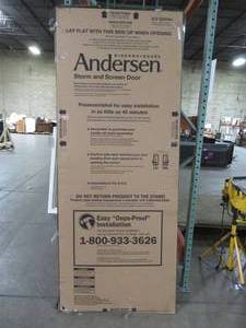 lot 628 image: Andersen 32 in. x 80 in. 3000 Series White Right Hand Fullview Aluminum Storm Door, HD4FEL36WH. - Missing Hardware.